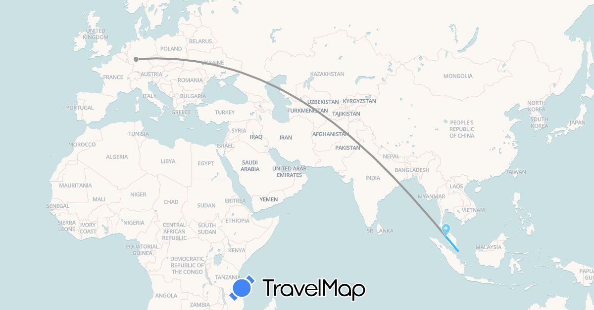 TravelMap itinerary: driving, plane, boat in Germany, Malaysia, Singapore (Asia, Europe)